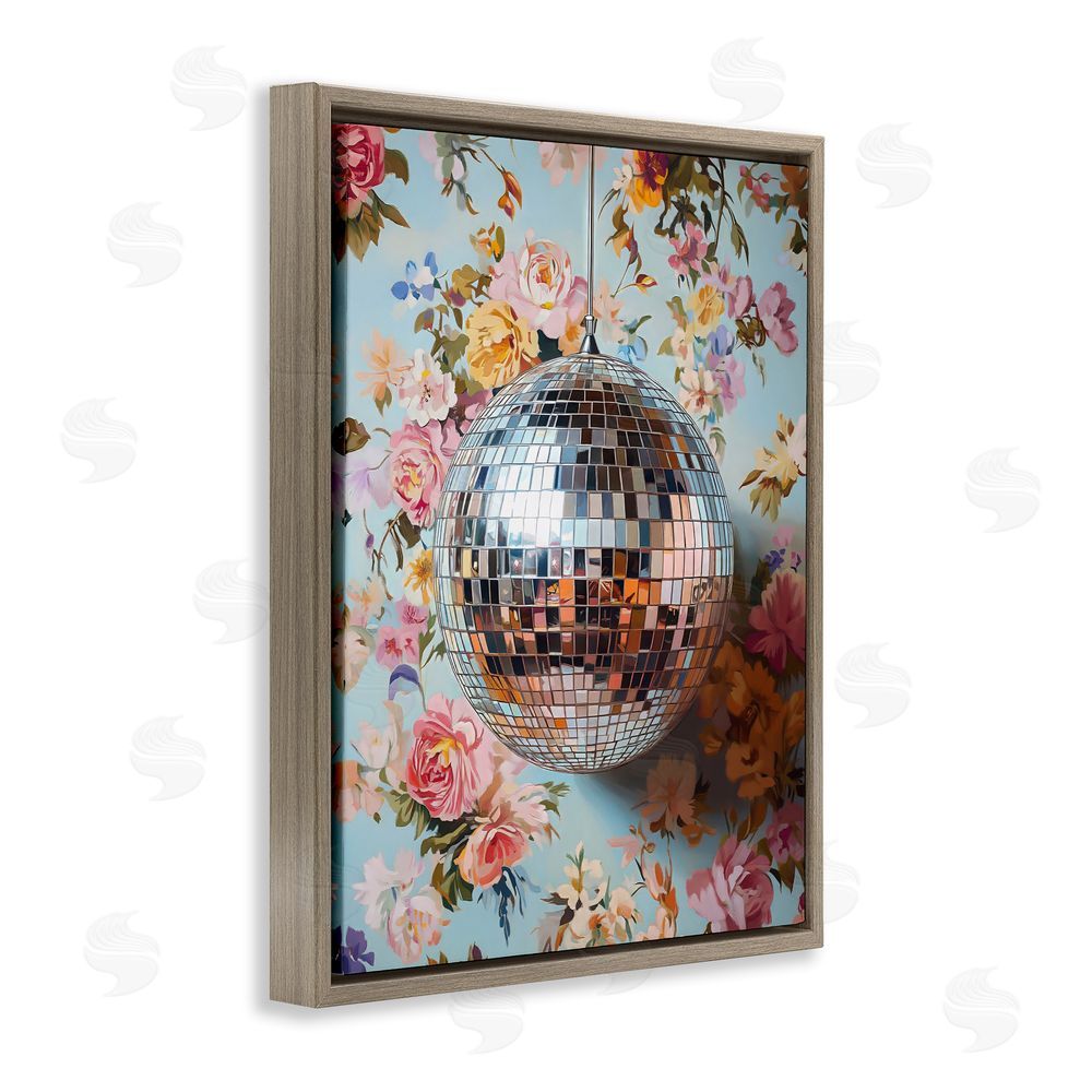 LSR Design Studio Floral Disco Ball Reflection Brown Floating Frame Canvas Wall Art Print
