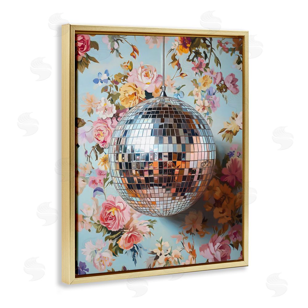 LSR Design Studio Floral Disco Ball Reflection Gold Floating Frame Canvas Wall Art Print