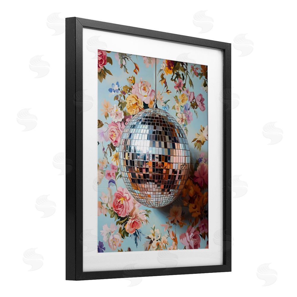 LSR Design Studio Floral Disco Ball Reflection Black Framed Print Under Glass Wall Art