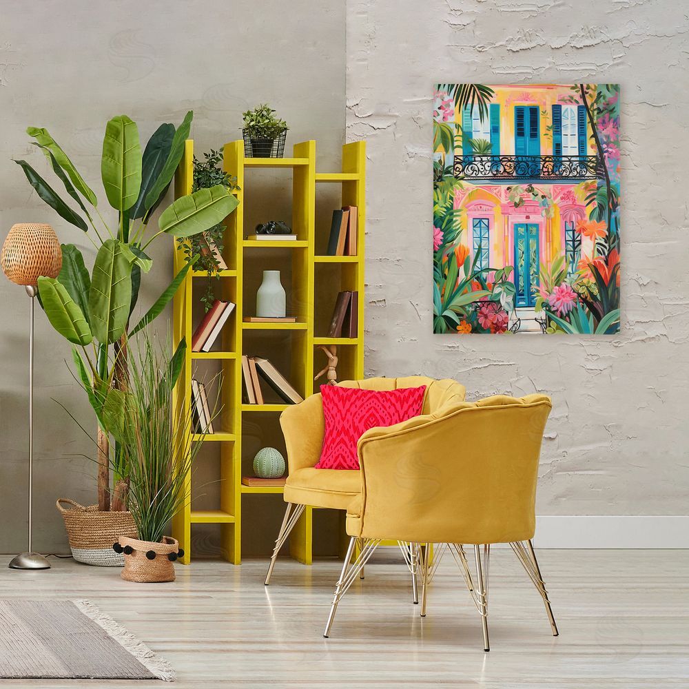 LSR Design Studio Colorful Facade with Tropical Garden Stretched Canvas Wall Art in Room