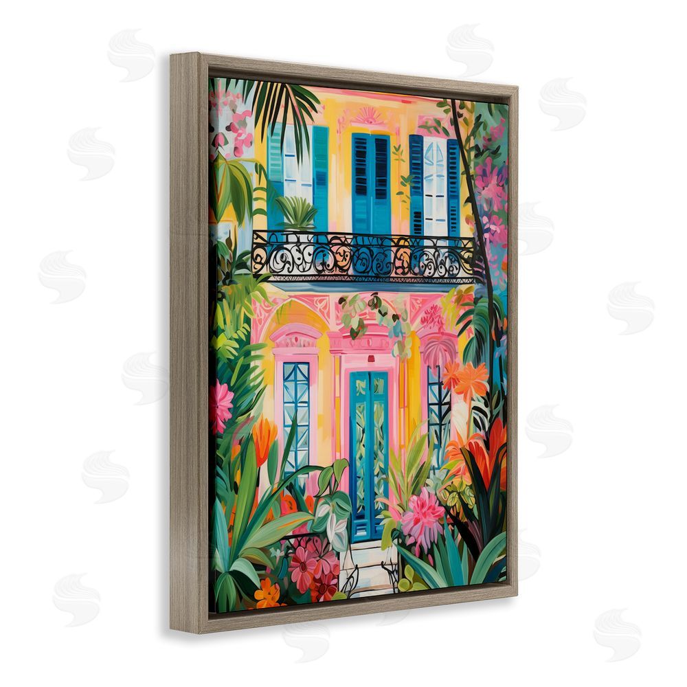 LSR Design Studio Colorful Facade with Tropical Garden Brown Floating Frame Canvas Wall Art Print