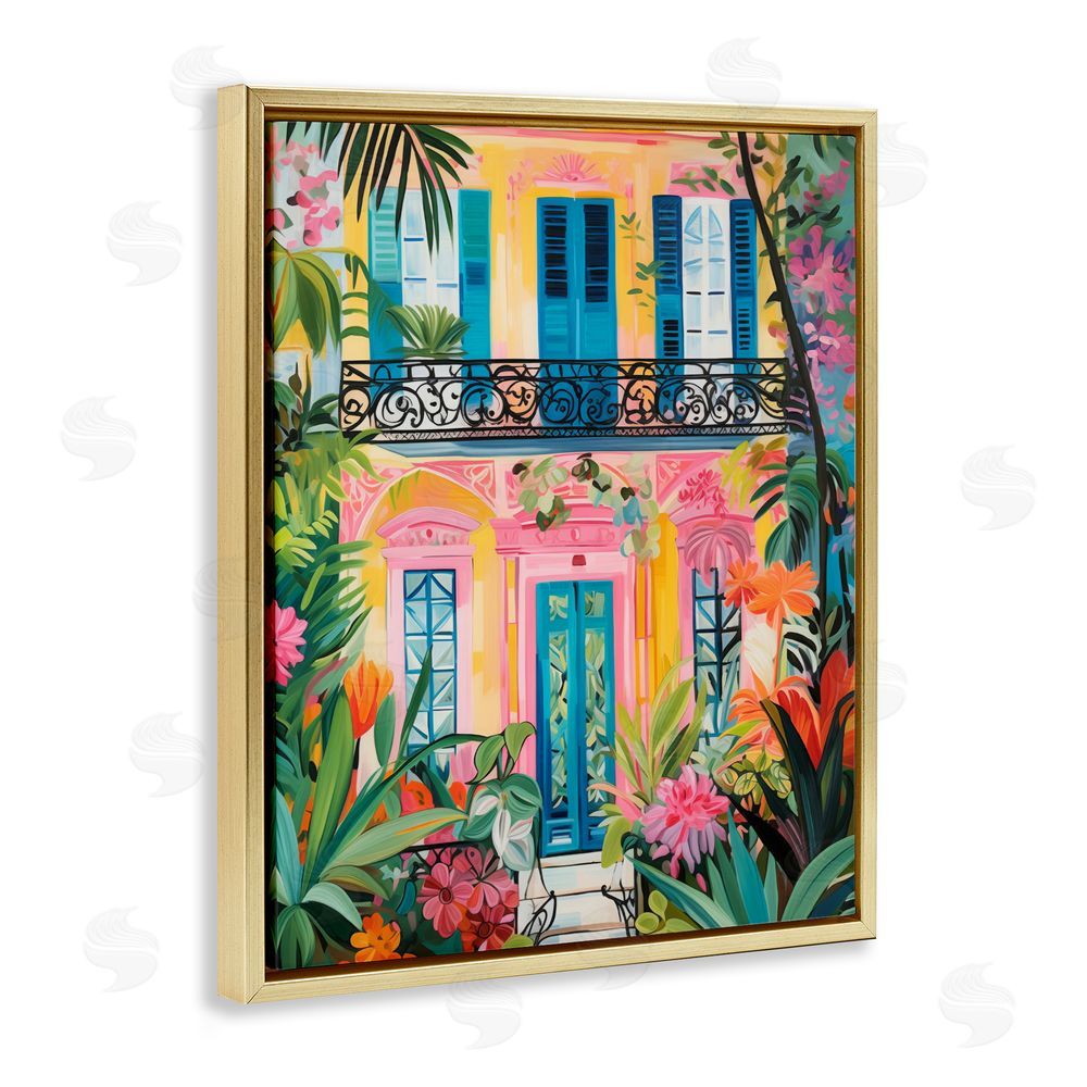 LSR Design Studio Colorful Facade with Tropical Garden Gold Floating Frame Canvas Wall Art Print