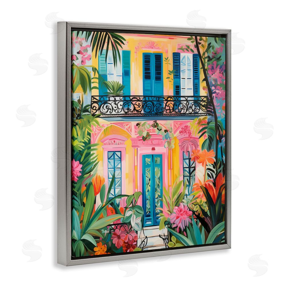 LSR Design Studio Colorful Facade with Tropical Garden Gray Floating Frame Canvas Wall Art Print
