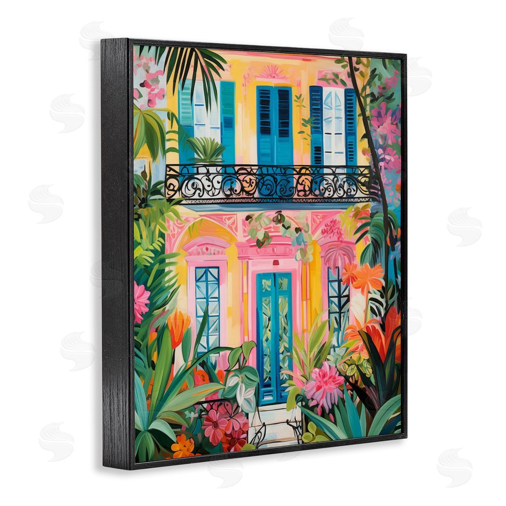 LSR Design Studio Colorful Facade with Tropical Garden Black Framed Giclee Wall Art Print