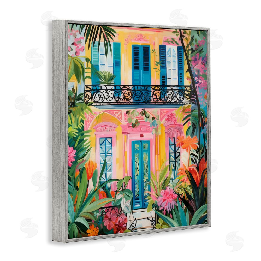 LSR Design Studio Colorful Facade with Tropical Garden Gray Framed Giclee Wall Art Print