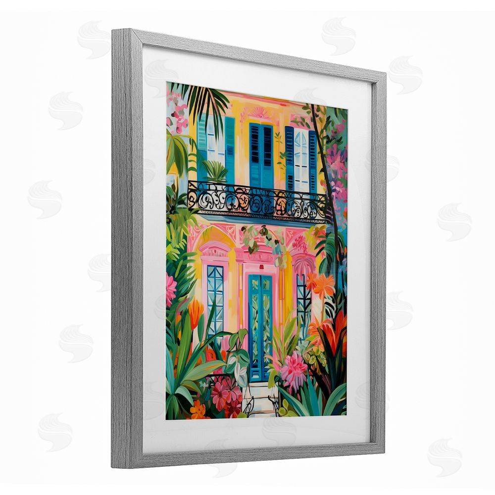 LSR Design Studio Colorful Facade with Tropical Garden Gray Framed Print Under Glass Wall Art