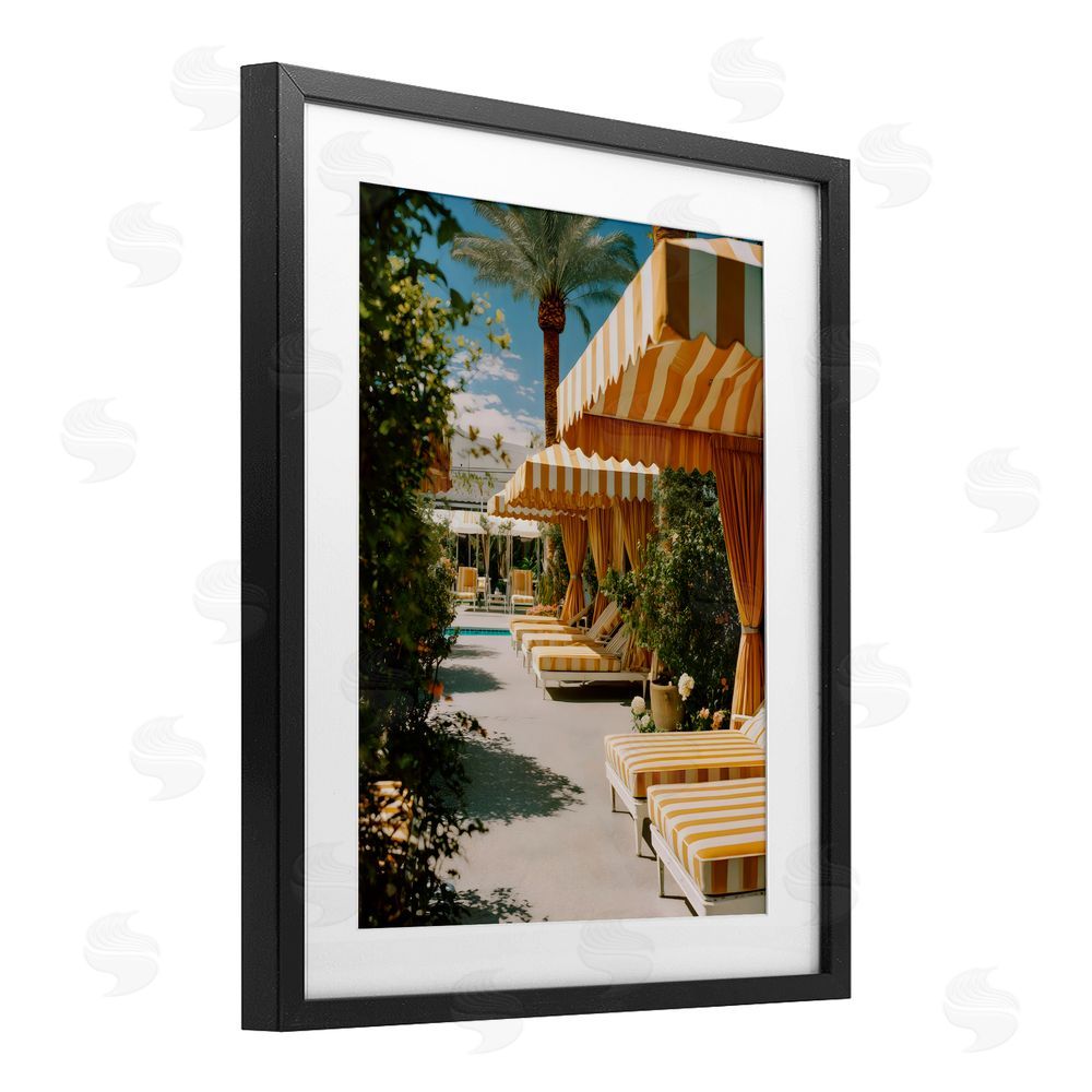 Franklyn Gregory Vintage Cabanas at Poolside Black Framed Print Under Glass with White Mat Wall Art
