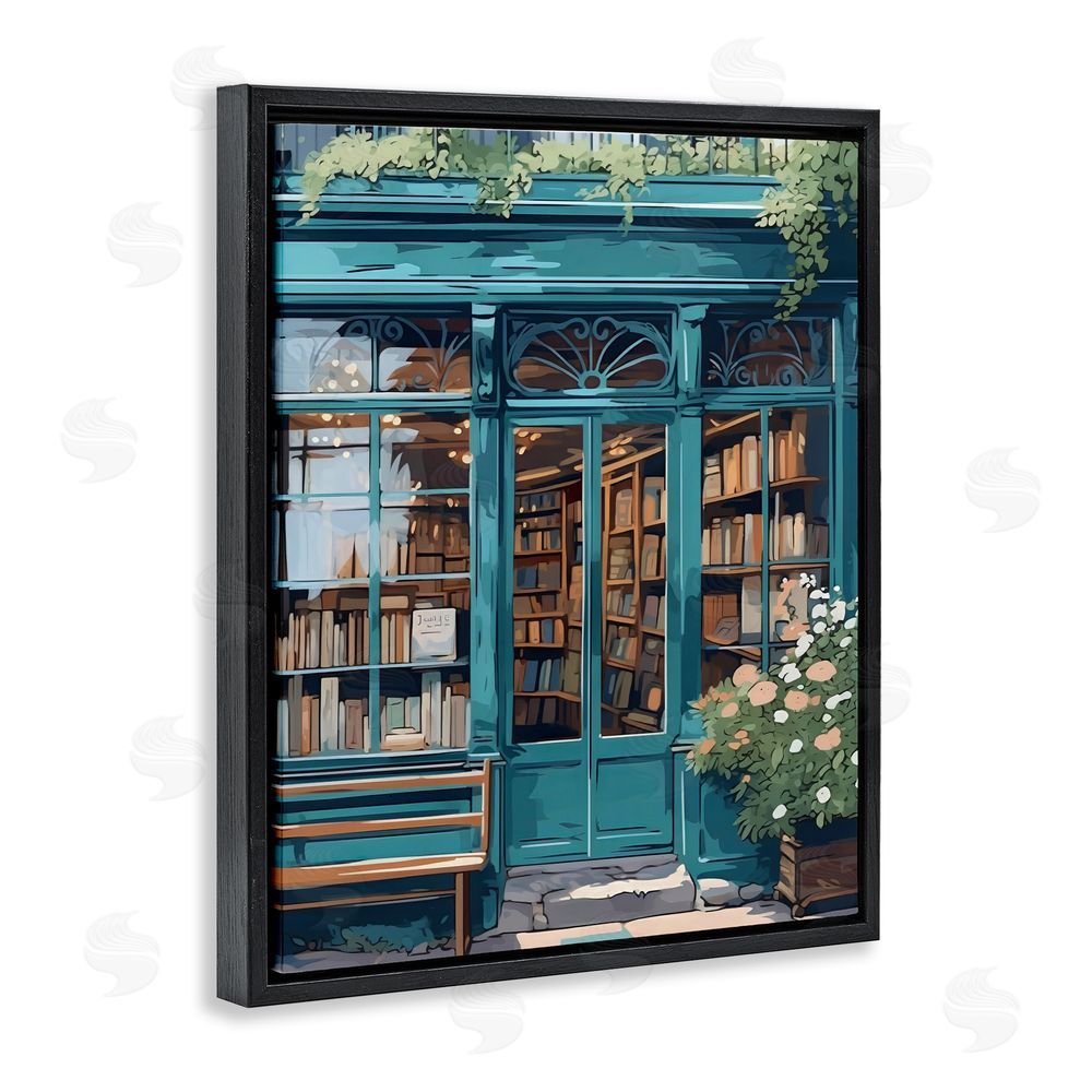 LSR Design Studio Book Shop Facade Black Floating Frame Stretched Canvas Wall Art Print