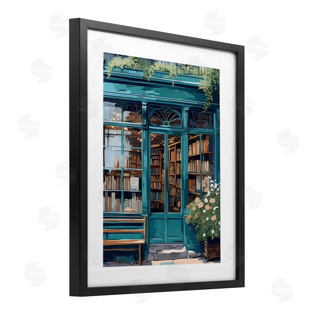 LSR Design Studio Book Shop Facade Black Framed Print Under Glass with Matting Wall Art