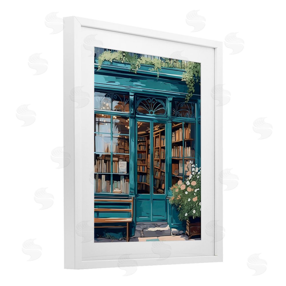 LSR Design Studio Book Shop Facade White Framed Print Under Glass with Matting Wall Art