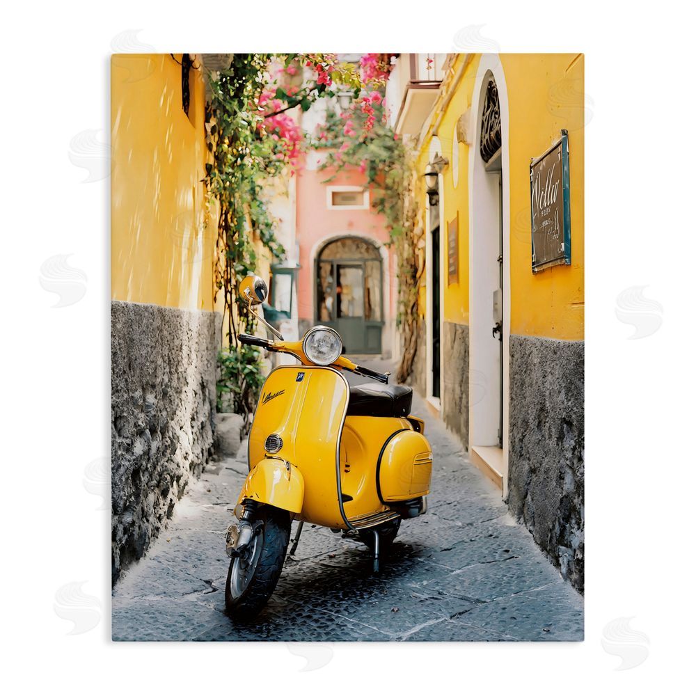 Franklyn Gregory Yellow Moped in Alley Stretched Canvas Wall Art Print