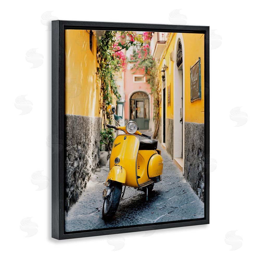 Franklyn Gregory Yellow Moped in Alley Black Floating Framed Canvas Wall Art Print