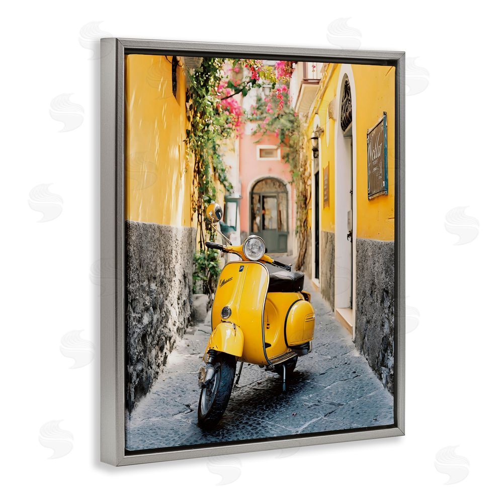 Franklyn Gregory Yellow Moped in Alley Gray Floating Framed Canvas Wall Art Print