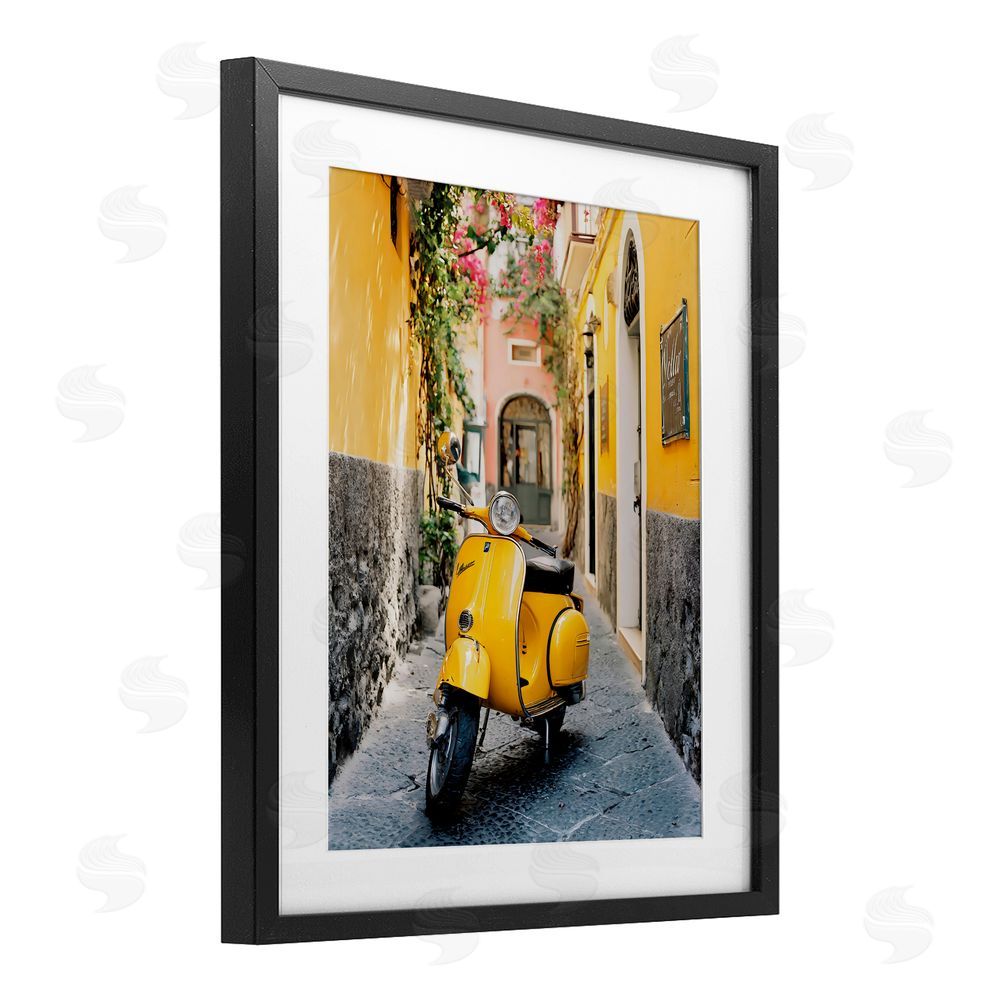 Franklyn Gregory Yellow Moped in Alley Black Framed Print Under Glass with White Mat Wall Art
