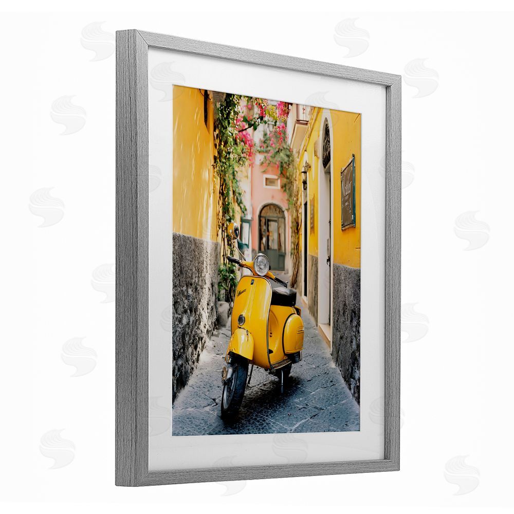 Franklyn Gregory Yellow Moped in Alley Gray Framed Print Under Glass with White Mat Wall Art