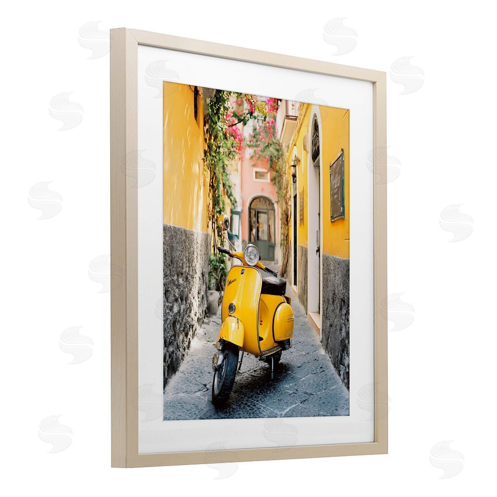 Franklyn Gregory Yellow Moped in Alley Brown Framed Print Under Glass with White Mat Wall Art