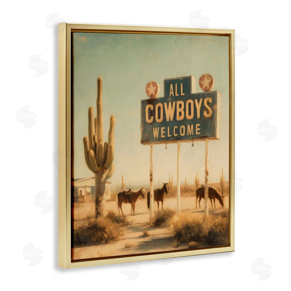 Arlington Prints All Cowboys Welcome Desert Gold Floating Frame Stretched Canvas Wall Art Print