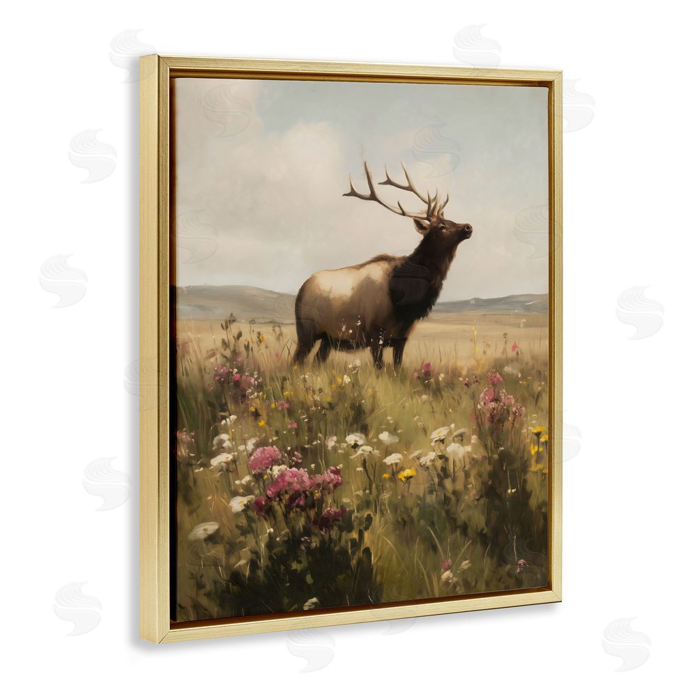 Arlington Prints Elk in the Wildflower Meadow Gold Floating Framed Canvas Wall Art