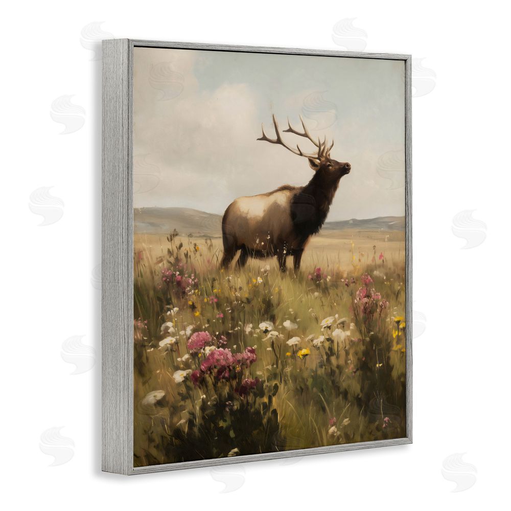 Arlington Prints Elk in the Wildflower Meadow Gray Framed Giclee Wall Art