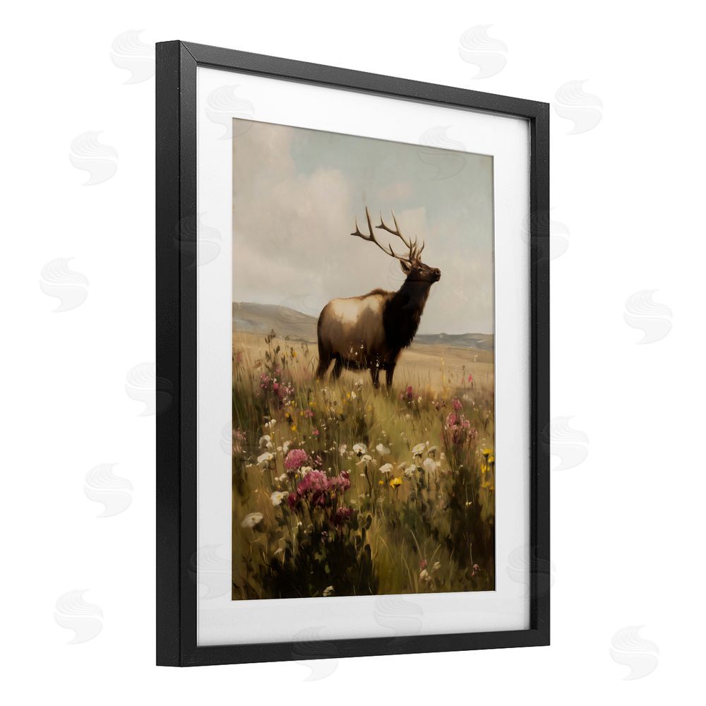 Arlington Prints Elk in the Wildflower Meadow Black Framed Print Under Glass Wall Art