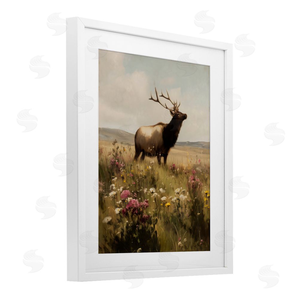 Arlington Prints Elk in the Wildflower Meadow White Framed Print Under Glass Wall Art
