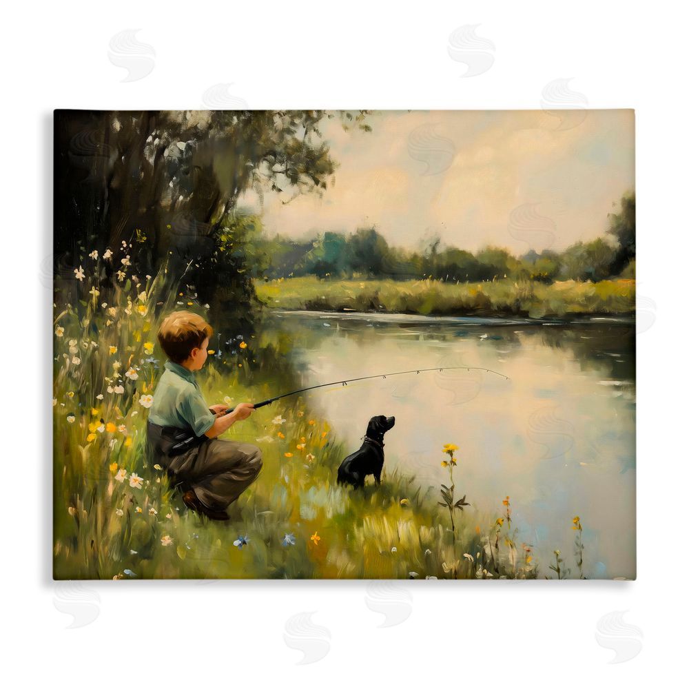 Arlington Prints Boy & Puppy Fishing Stretched Canvas Wall Art Print
