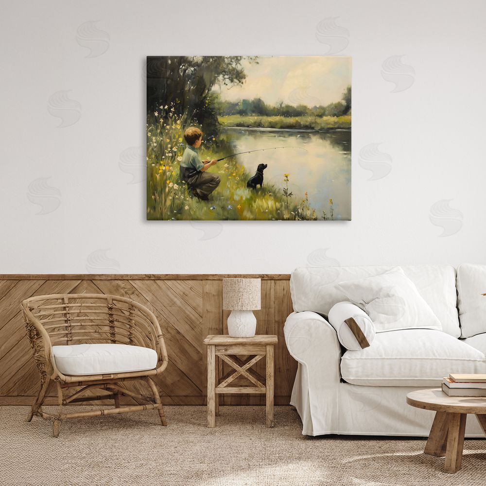 Arlington Prints Boy & Puppy Fishing Stretched Canvas Wall Art Print in Room