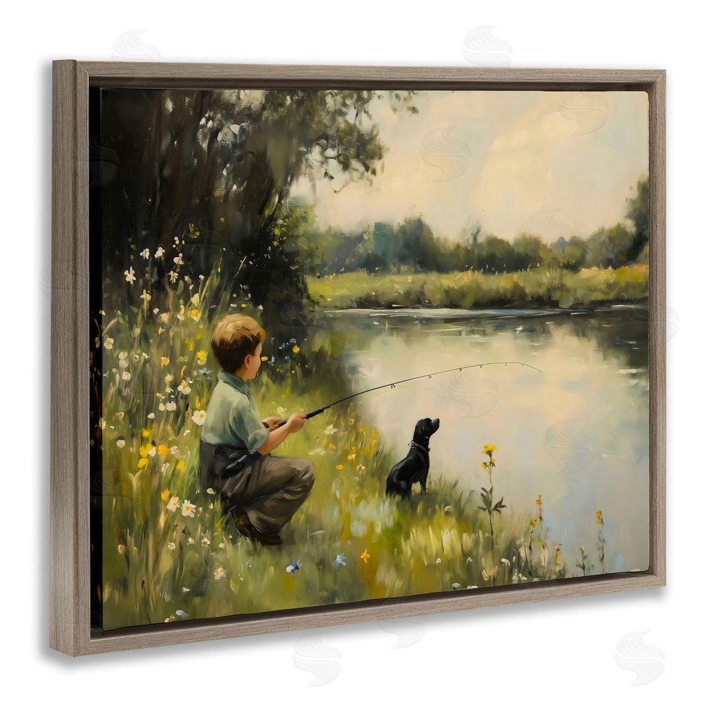 Arlington Prints Boy & Puppy Fishing Brown Floating Frame Canvas Wall Art Print