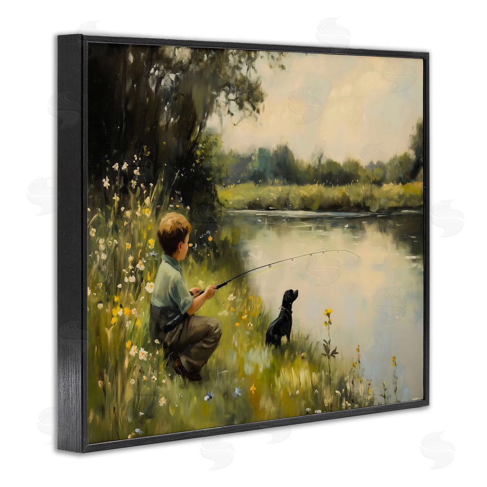 Arlington Prints Boy & Puppy Fishing Black Framed Giclee Print Wall Art