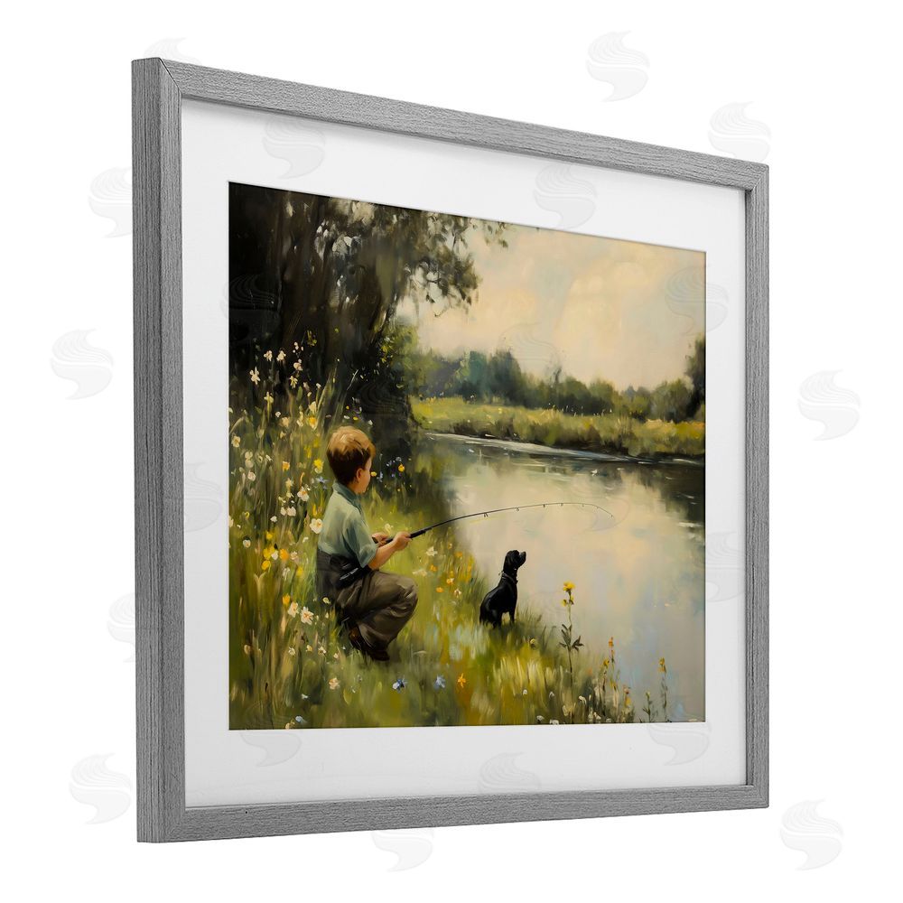 Arlington Prints Boy & Puppy Fishing Gray Framed Print Under Glass Wall Art