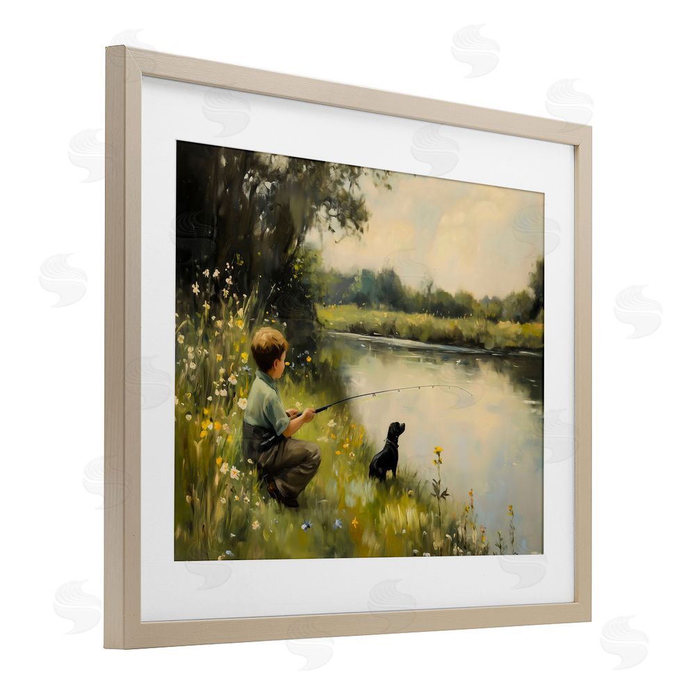 Arlington Prints Boy & Puppy Fishing Brown Framed Print Under Glass Wall Art