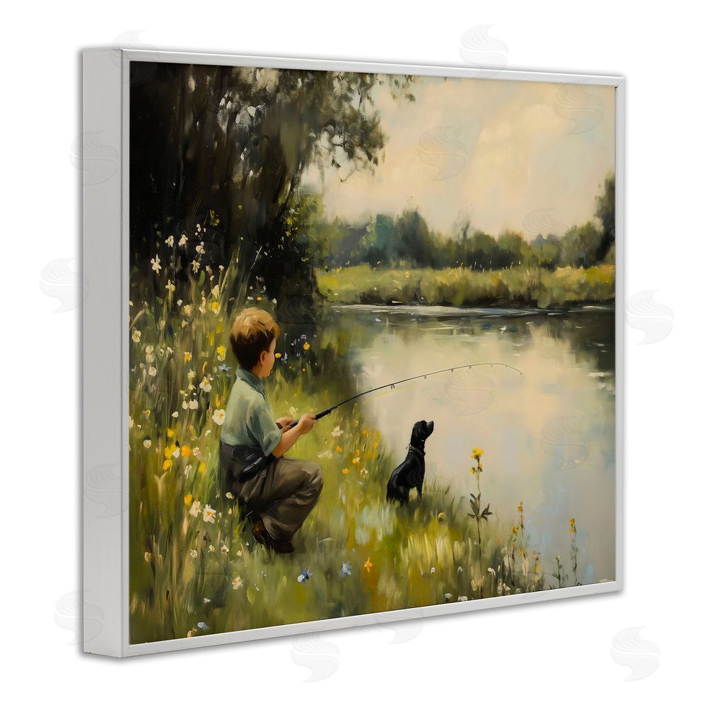 Arlington Prints Boy & Puppy Fishing White Framed Giclee Print Wall Art