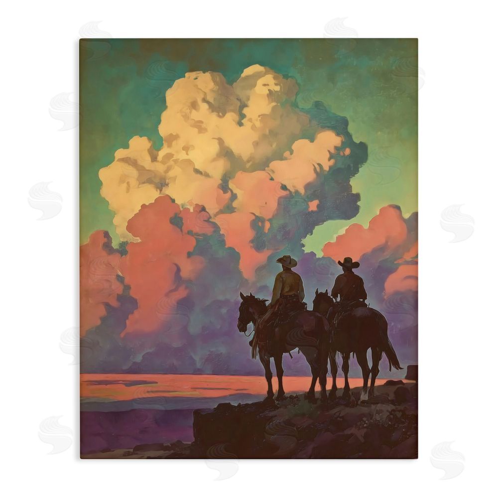 Arlington Prints Cowboys Silhouetted Against Clouds Stretched Canvas Wall Art