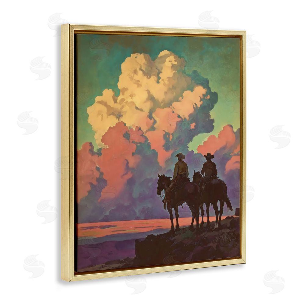 Arlington Prints Cowboys Silhouetted Against Clouds Gold Floating Frame Canvas Wall Art Print