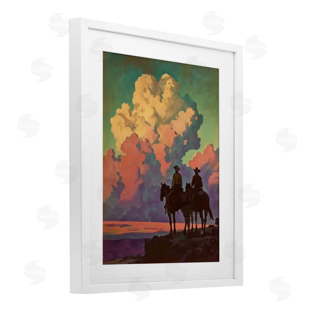 Arlington Prints Cowboys Silhouetted Against Clouds White Framed Print Under Glass Wall Art