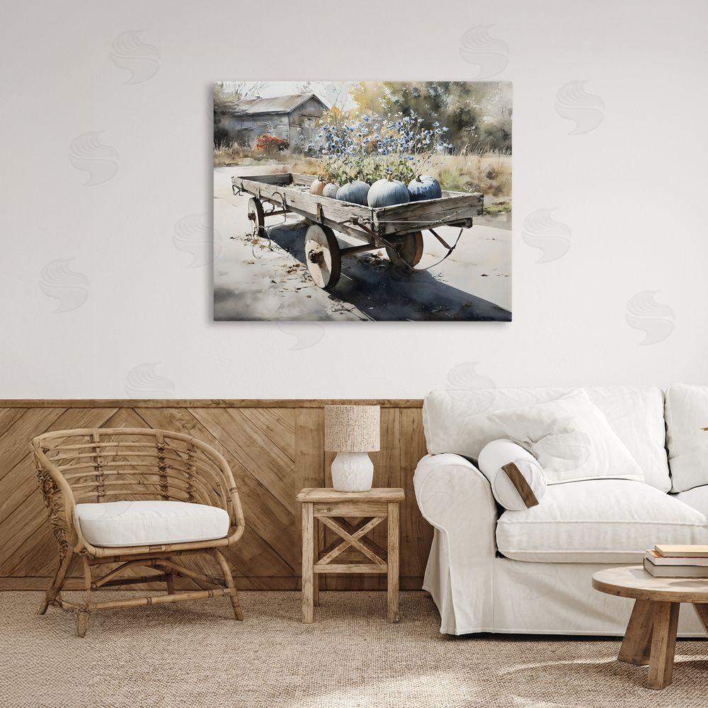 Franklyn Gregory Blue Pumpkin Wagon in Sunlight Stretched Canvas Wall Art Print in Room