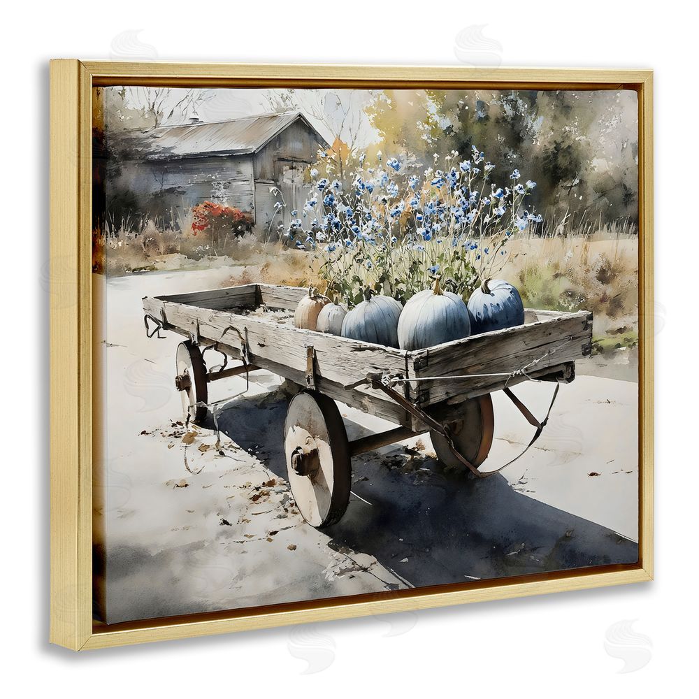 Franklyn Gregory Blue Pumpkin Wagon in Sunlight Gold Floating Frame Stretched Canvas Wall Art Print