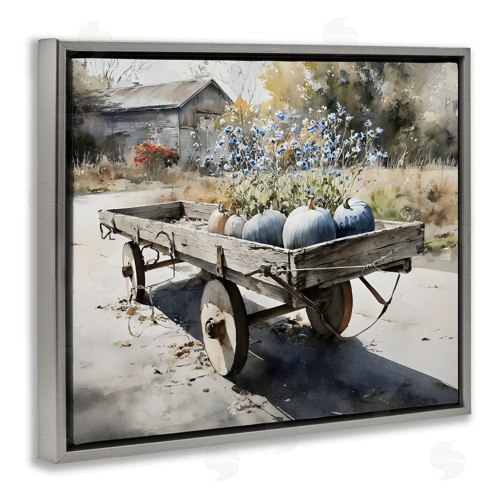 Franklyn Gregory Blue Pumpkin Wagon in Sunlight Gray Floating Frame Stretched Canvas Wall Art Print