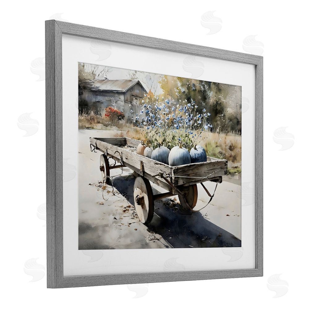 Franklyn Gregory Blue Pumpkin Wagon in Sunlight Gray Framed Print Under Glass with Matting Wall Art