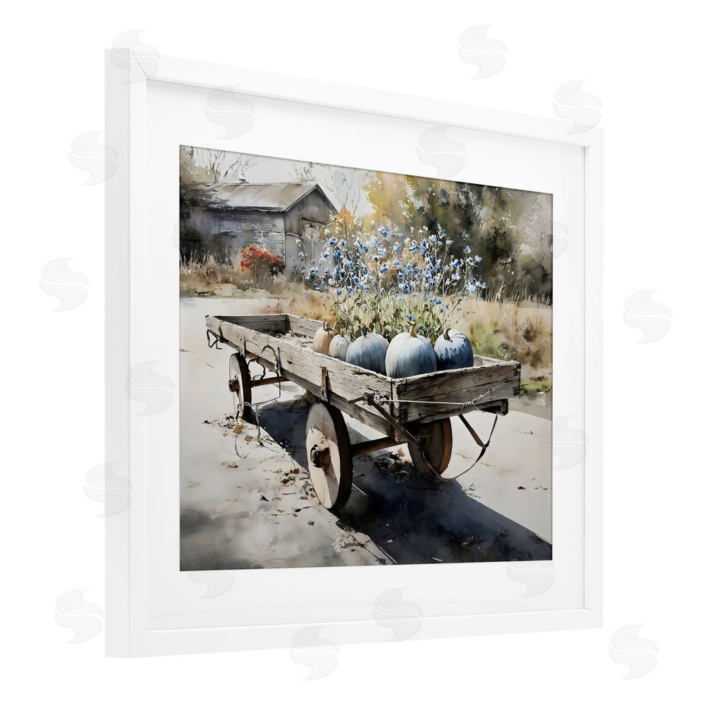 Franklyn Gregory Blue Pumpkin Wagon in Sunlight White Framed Print Under Glass with Matting Wall Art