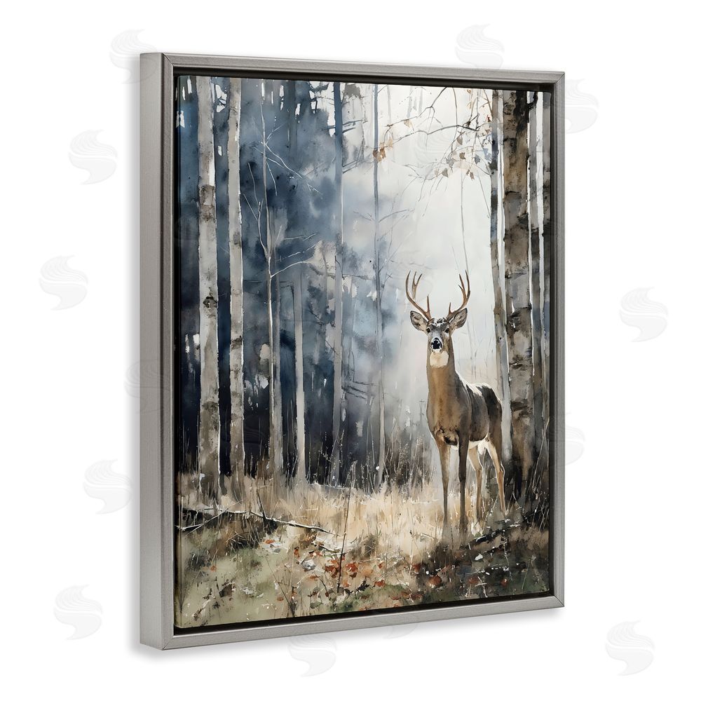 Franklyn Gregory Deer In The Woods Gray Floating Frame Canvas Wall Art Print