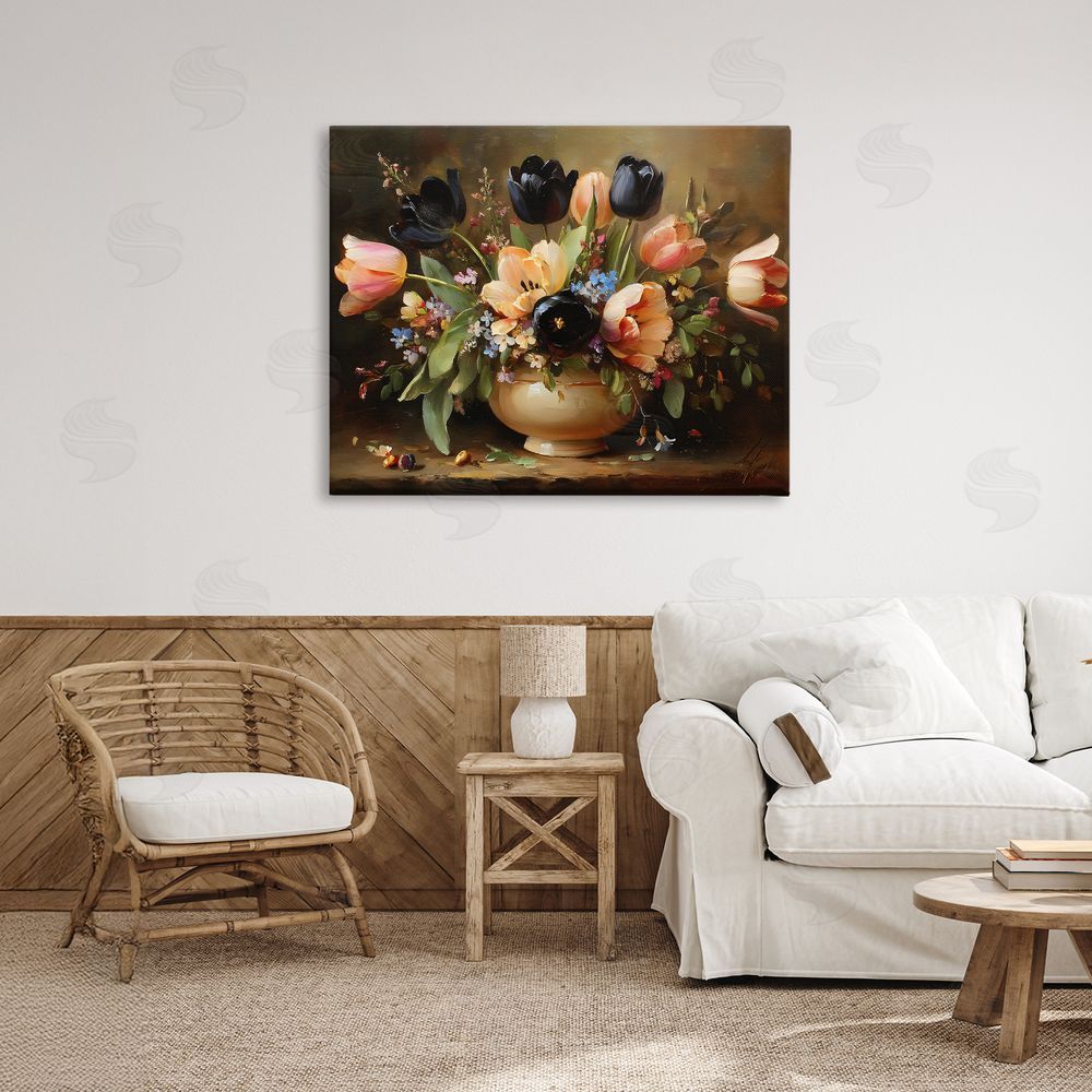 Franklyn Gregory Black Tulips & Peach Bouquet Stretched Canvas Wall Art Print in Room