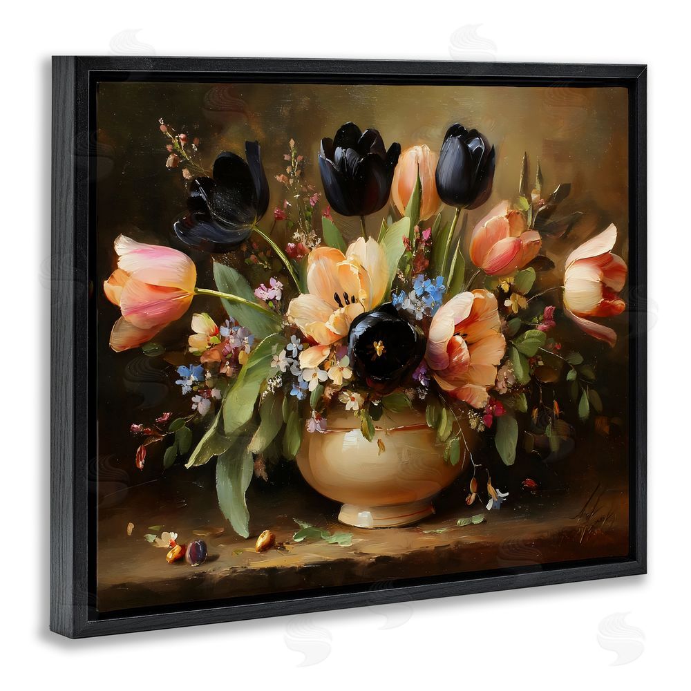 Franklyn Gregory Black Tulips & Peach Bouquet Black Floating Frame Stretched Canvas Wall Art Print