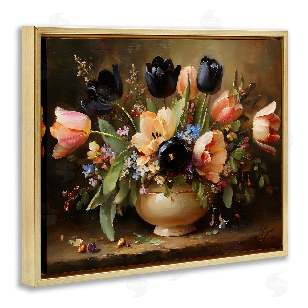 Franklyn Gregory Black Tulips & Peach Bouquet Gold Floating Frame Stretched Canvas Wall Art Print