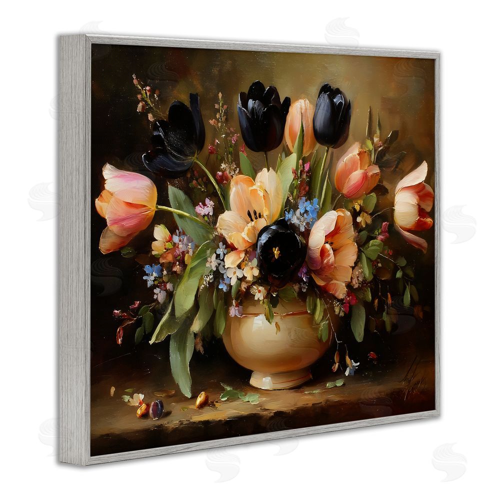 Franklyn Gregory Black Tulips & Peach Bouquet Gray Framed Giclee Wall Art Print