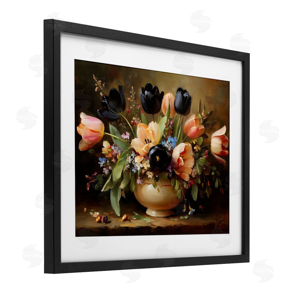 Franklyn Gregory Black Tulips & Peach Bouquet Black Framed Print Under Glass with Matting Wall Art