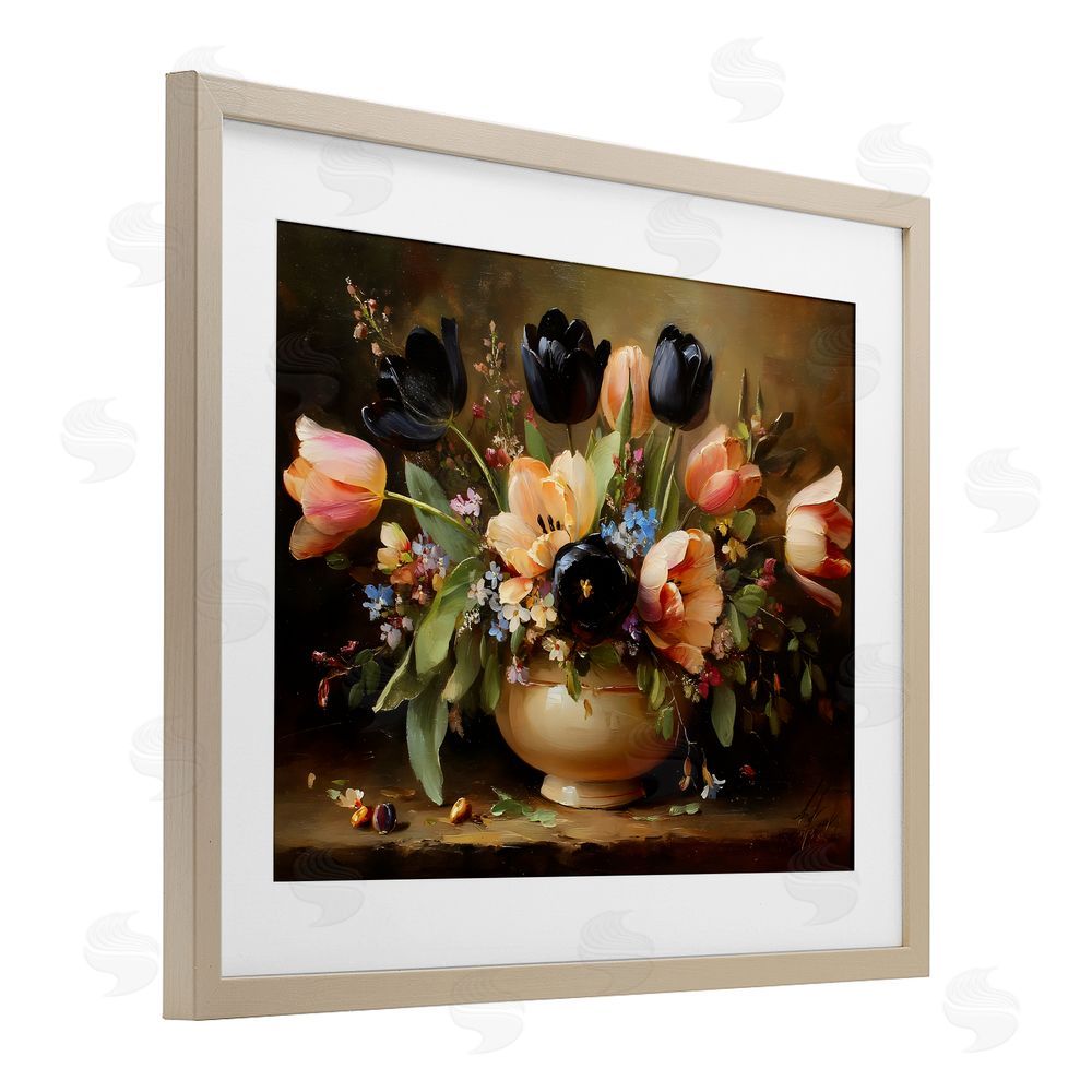 Franklyn Gregory Black Tulips & Peach Bouquet Brown Framed Print Under Glass with Matting Wall Art