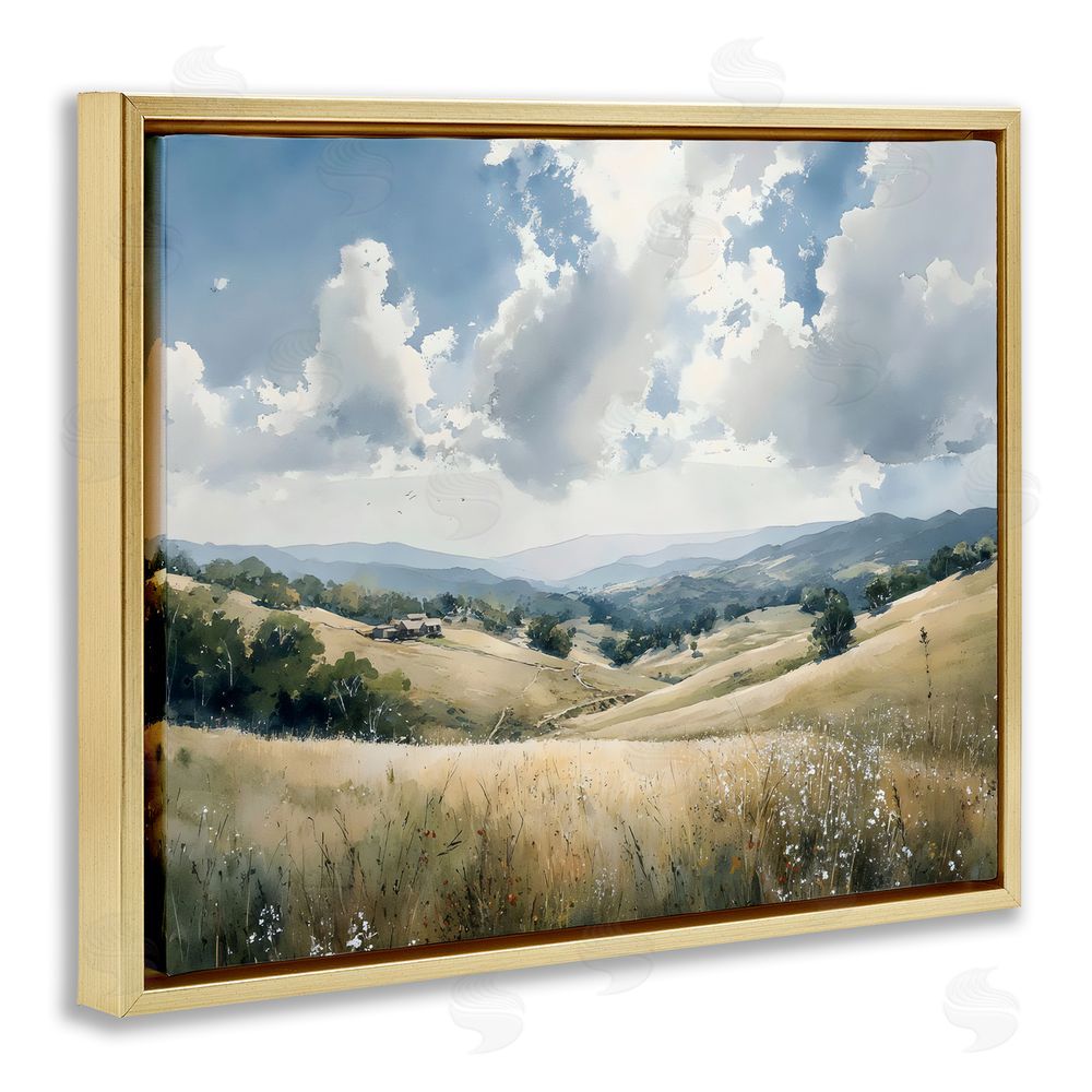 Franklyn Gregory Distant Hill House in Meadow Gold Floating Frame Canvas Wall Art Print