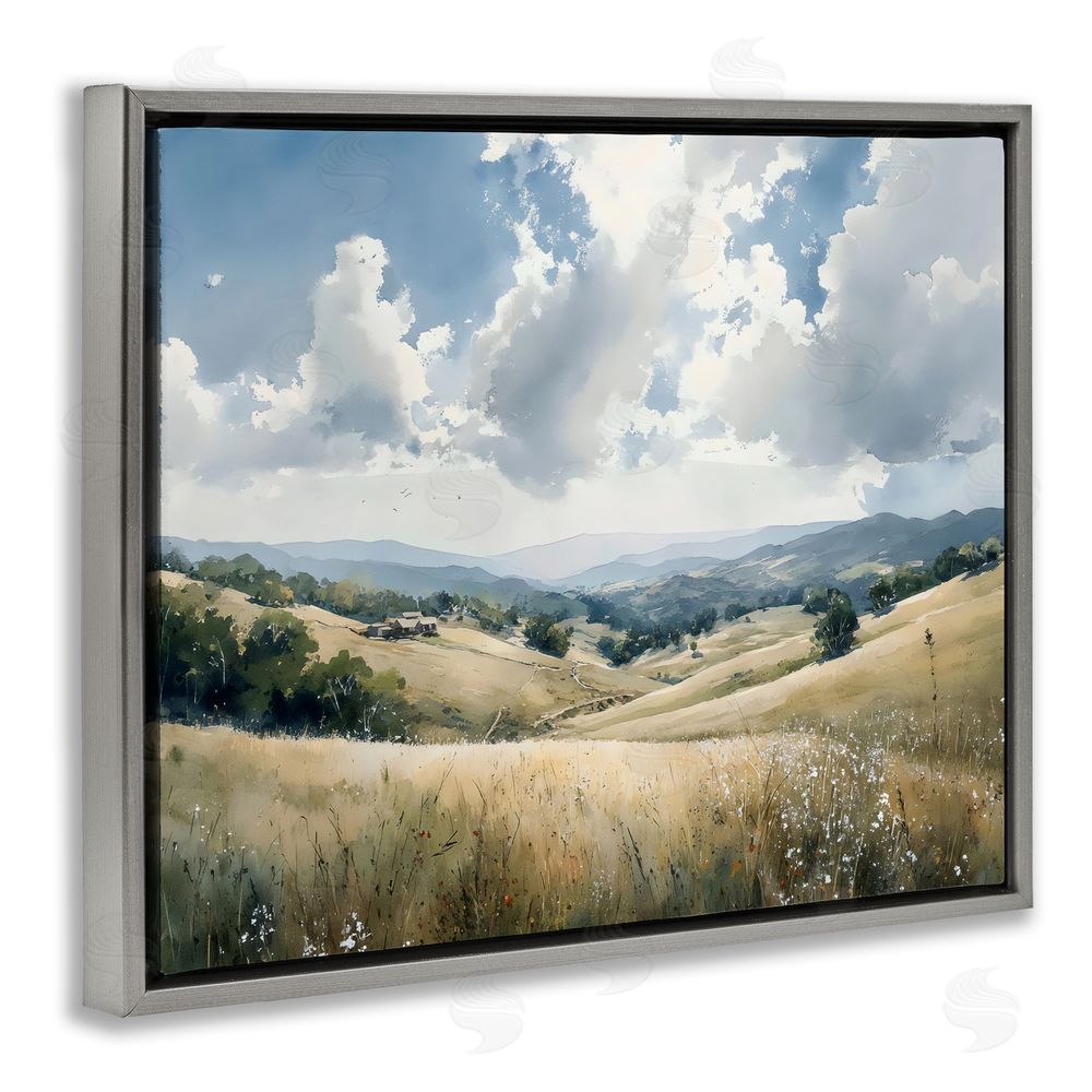 Franklyn Gregory Distant Hill House in Meadow Gray Floating Frame Canvas Wall Art Print