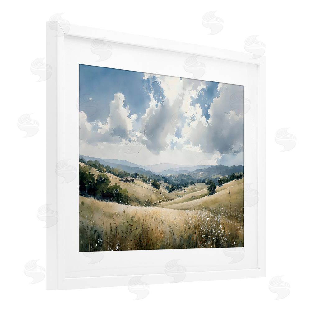 Franklyn Gregory Distant Hill House in Meadow White Framed Print Under Glass Wall Art